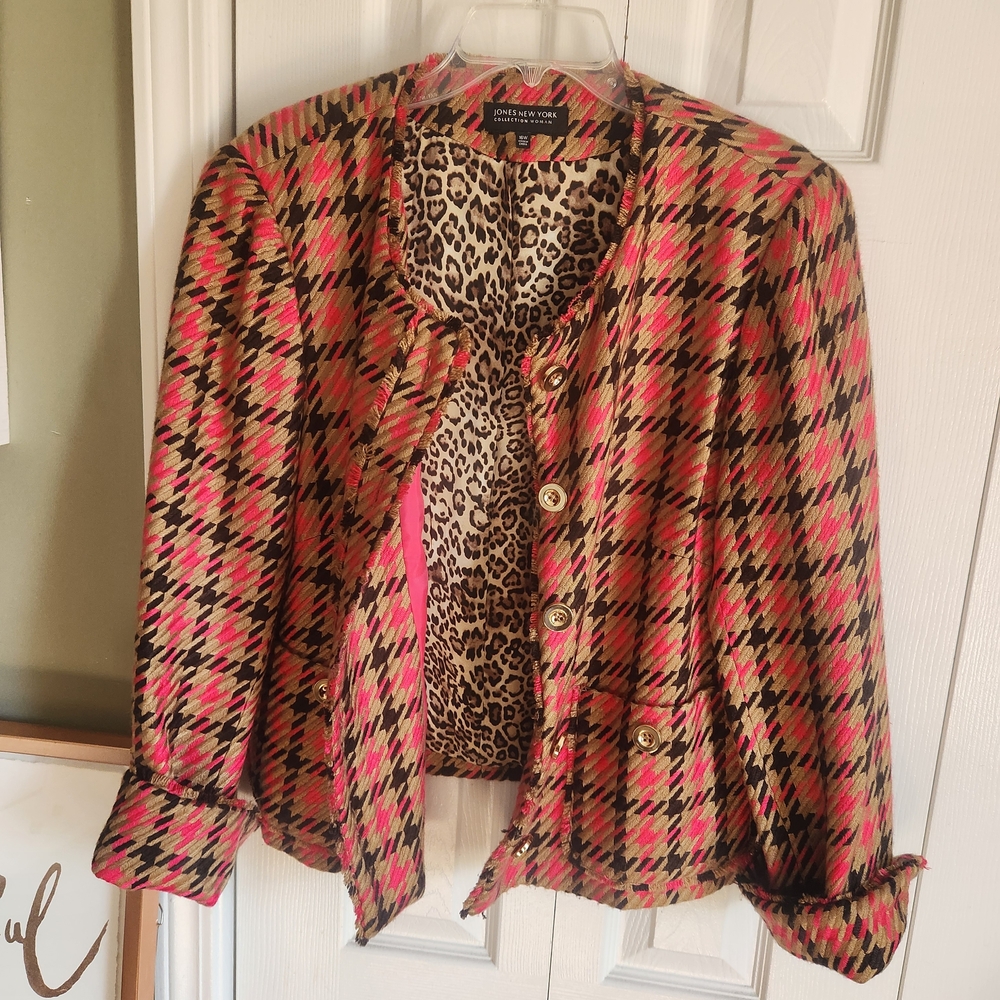 Jones New York Chic Pink and Black Houndstooth Women's Jacket